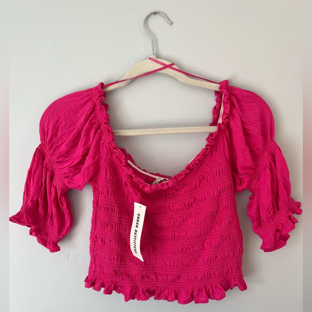 Urban Outfitters Hot Pink Ruched Puff-Sleeve Crop Top